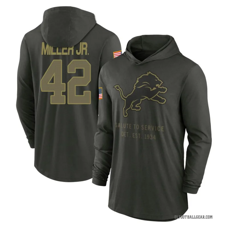 D.J. Miller Jr. Youth Green Detroit Lions Forest/ 2025 Salute to Service Sideline Lightweight Hooded Pullover Long Sleeve T-Shir